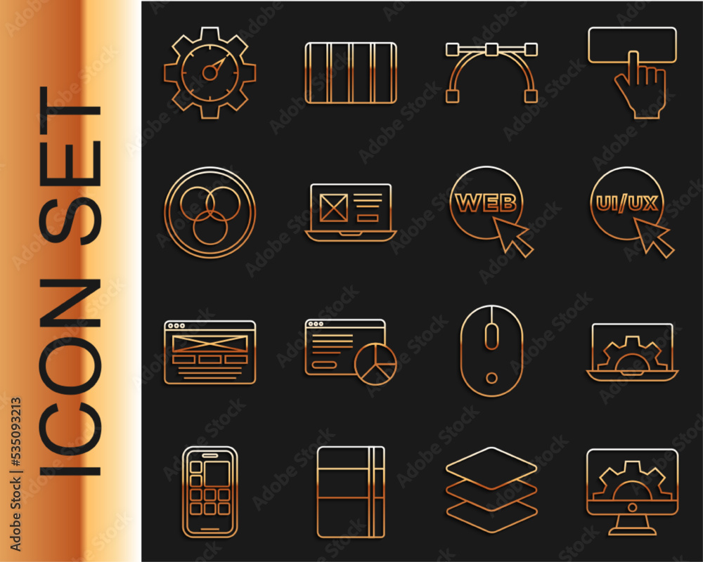 Poster set line web development, ui or ux design, bezier curve, rgb and cmyk color mixing, website statisti