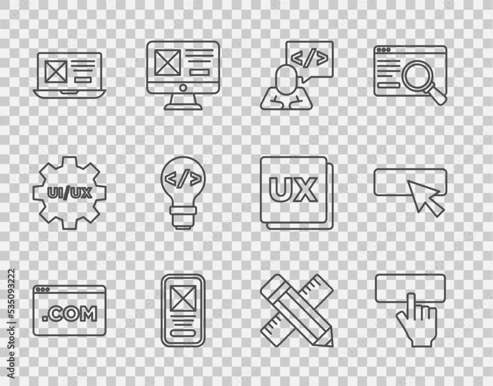 Aufkleber set line ui or ux design, keyboard, front end development, crossed ruler and pencil and icon. vector