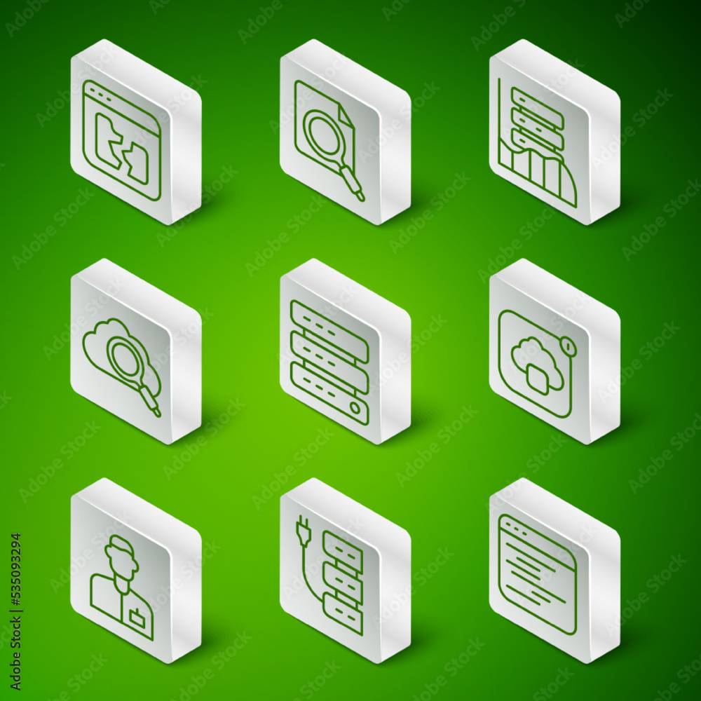 Poster set line software, server, broken file, data, web hosting, search cloud computing, concept with fold