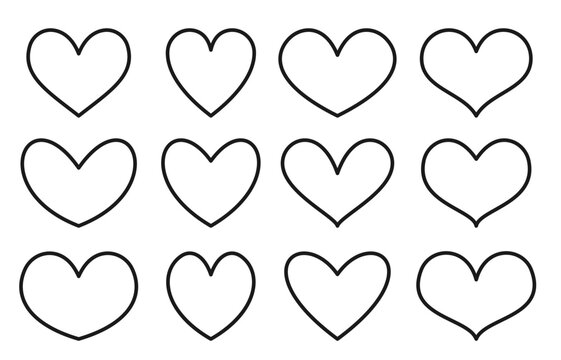 Love hearts icon set. Different heart shape romance glyph. Like symbol black line frames. Valentines day, wedding abstract outline stylized sign. Romantic emotion scrapbooking ink stamp template