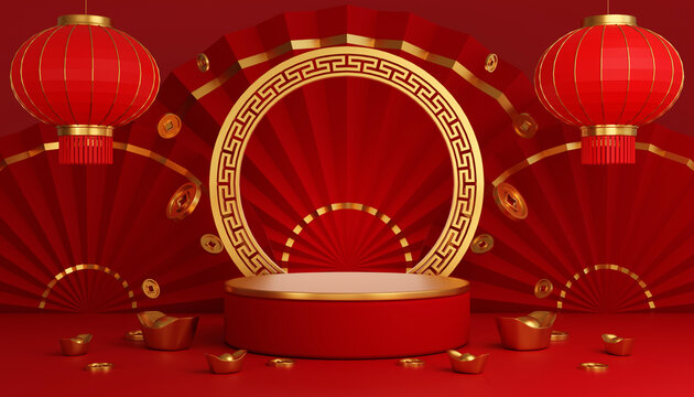 3d illustration of podium round stage podium and paper art chinese new year, chinese cestivals, mid autumn festival , red paper cut ,flower and asian elements  on background. - Powered by Adobe