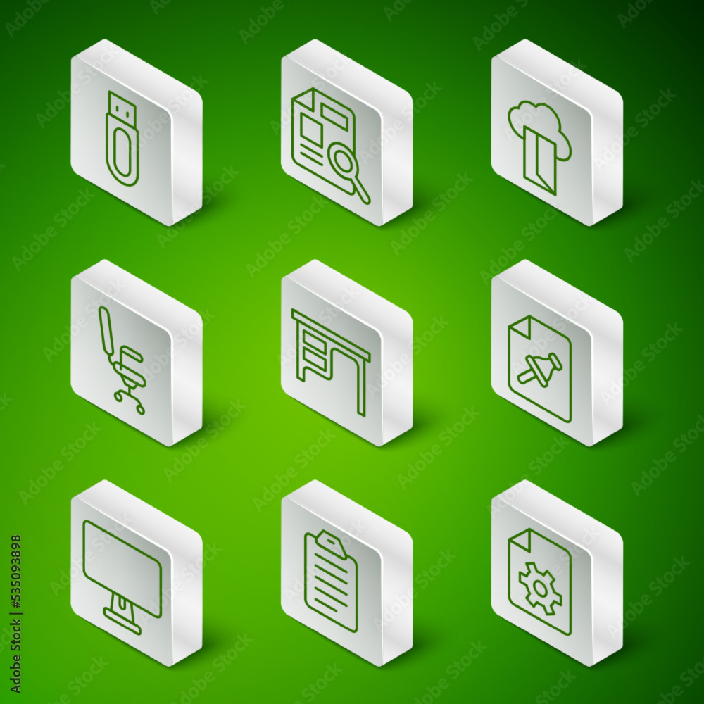 Poster set line document settings, to do list or planning, usb flash drive, office desk, chair, with graph 