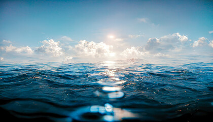 Spectacular abstract image of a scenic calm ocean, sunrise sky reflecting in the water. Sunset and natural. Digital art 3D illustration.