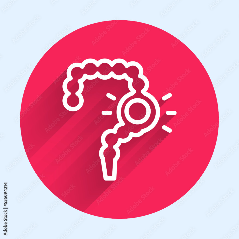 Poster white line gut constipation icon isolated with long shadow. bowel problems. red circle button. vecto