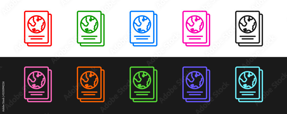 Poster set line passport with biometric data icon isolated on black and white background. identification do