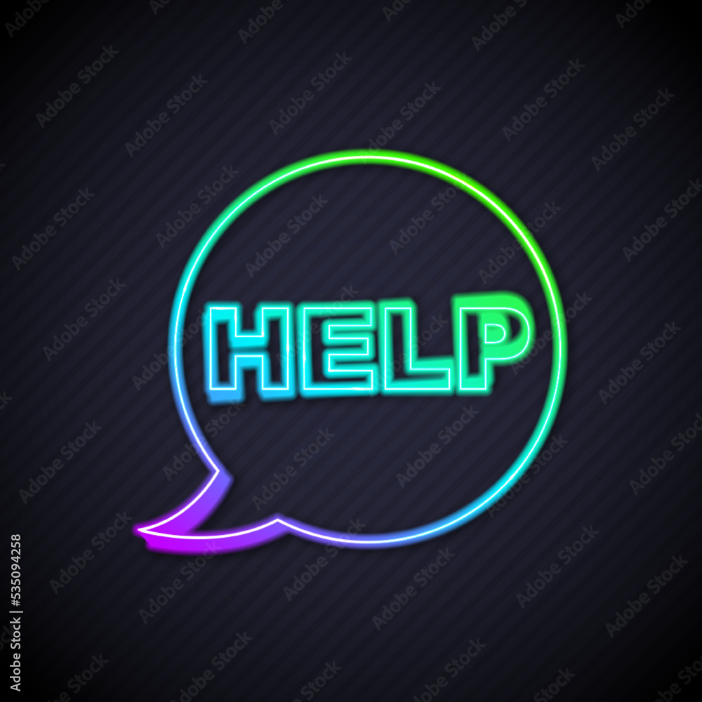 Poster glowing neon line speech bubble with text help icon isolated on black background. vector