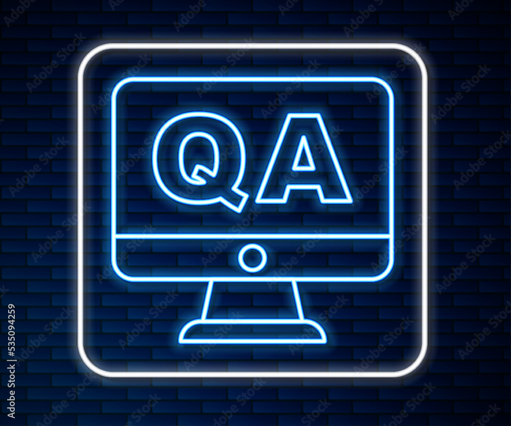 Poster glowing neon line speech bubbles with question and answer icon isolated on brick wall background. q 