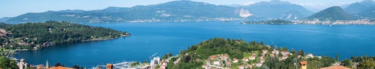 Fototapeta na wymiar Extra wide aerial view of the Lake Maggiore and the Gulf Borromeo and Laveno