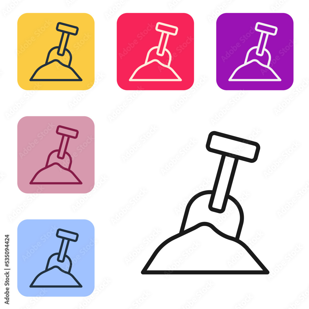 Poster Black line Sandbox with sand and shovel icon isolated on white background. Set icons in color square buttons. Vector