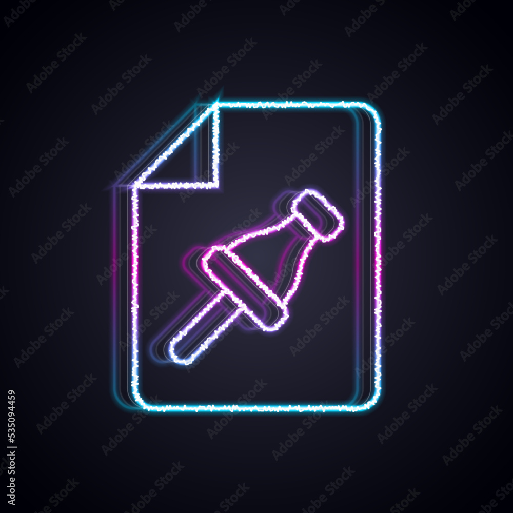 Poster glowing neon line note paper with pinned pushbutton icon isolated on black background. memo paper si