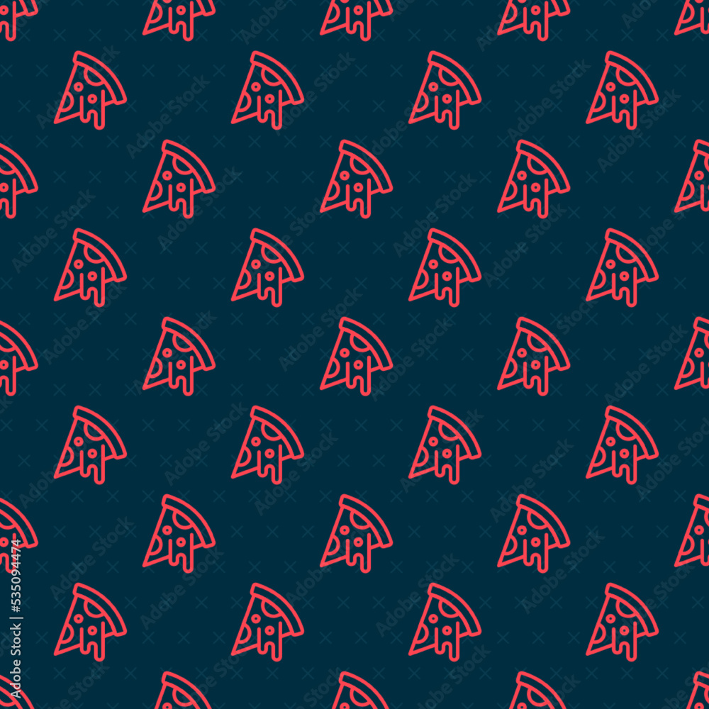 Poster red line slice of pizza icon isolated seamless pattern on black background. fast food menu. vector