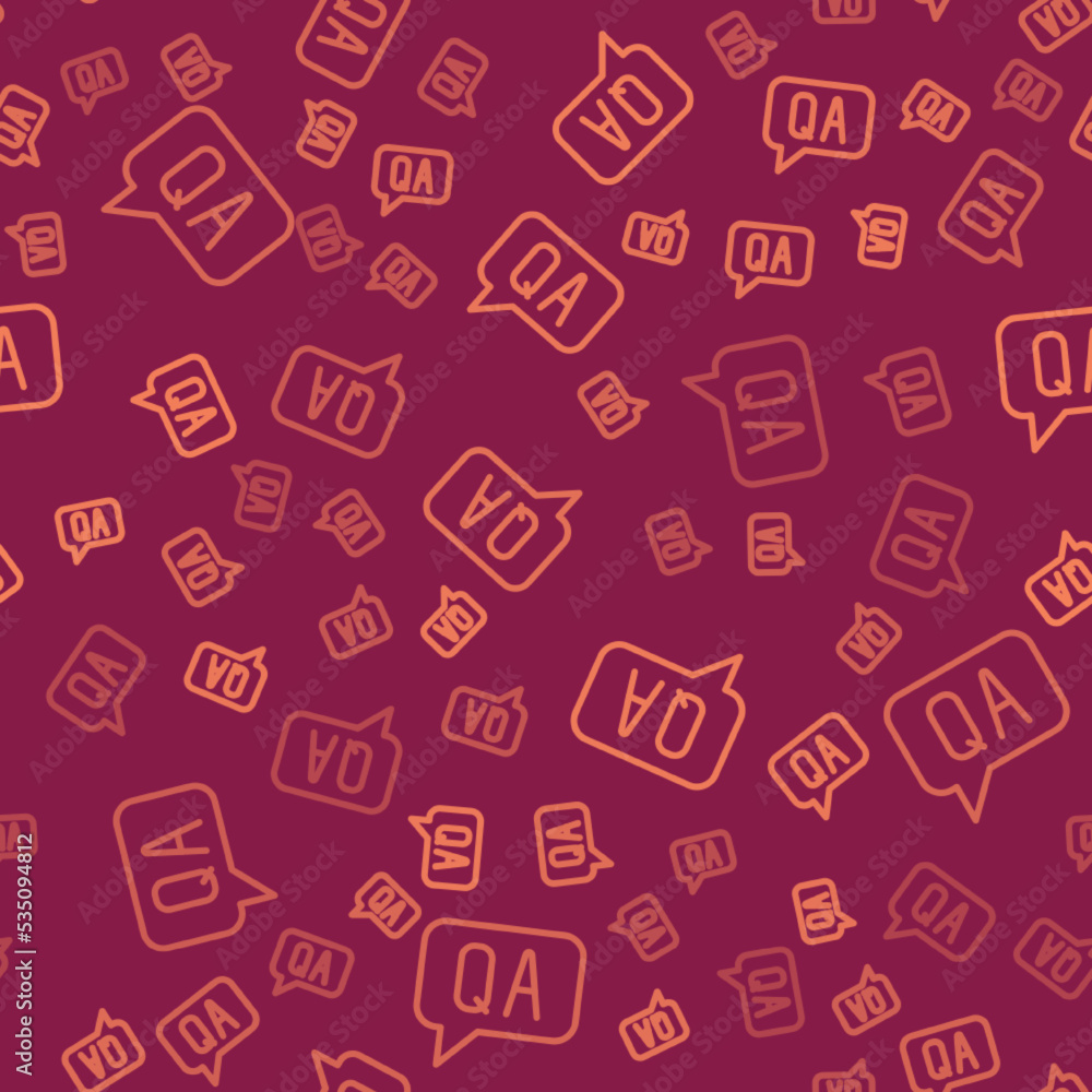 Poster brown line speech bubbles with question and answer icon isolated seamless pattern on red background.