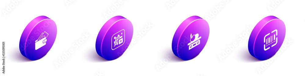 Poster set isometric wallet with money, qr code, electronic scales for product and scanner scanning bar ico