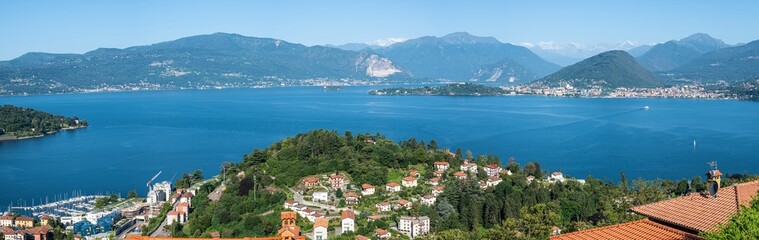 Fototapeta na wymiar Extra wide aerial view of the Lake Maggiore and the Gulf Borromeo