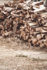 Pile of chopped wood for winter. Sale and trade of firewood