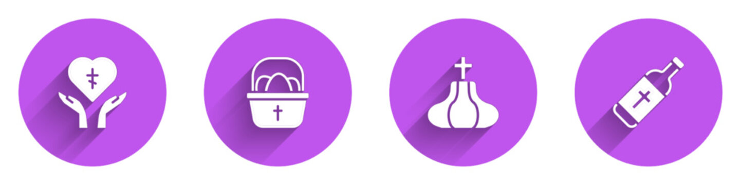 Set Religious cross in heart, Basket with easter eggs, Church tower and Holy water bottle icon with long shadow. Vector