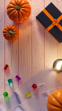Halloween pumpkins and stuff on a table in flat lay for social media post or story 3D rendering