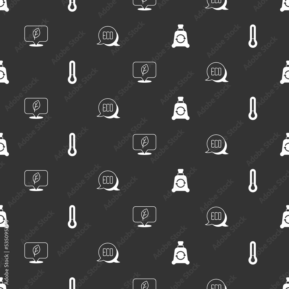 Poster set garbage bag with recycle, thermometer, location leaf and leaf eco symbol on seamless pattern. ve