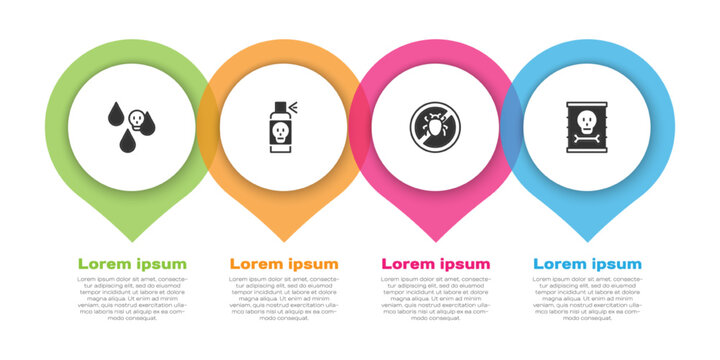 Set Acid Rain, Spray Against Insects, Stop Colorado Beetle And Radioactive Waste Barrel. Business Infographic Template. Vector