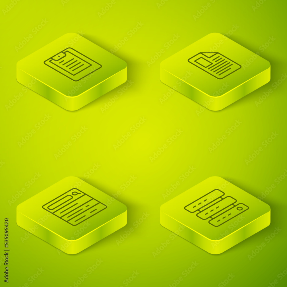 Poster set isometric line file document, search engine, server, data, web hosting and report icon. vector