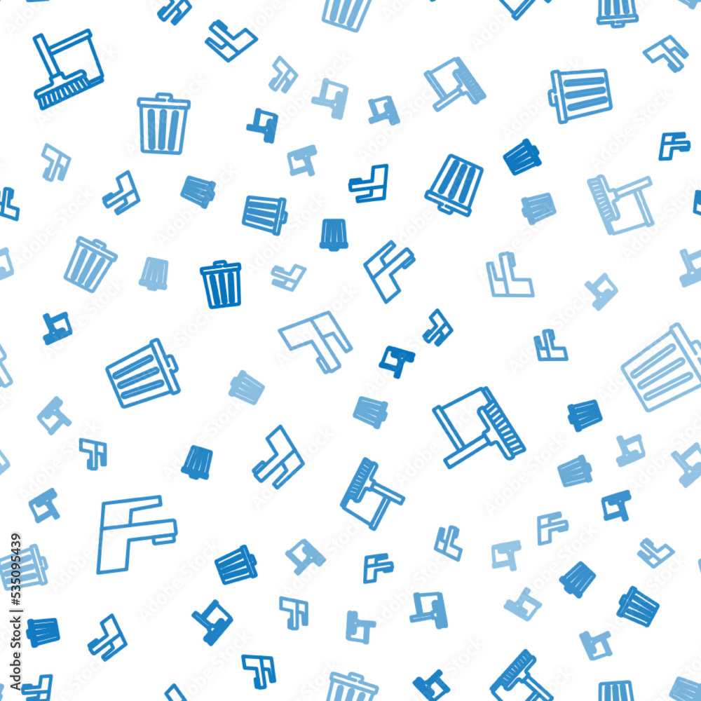Poster set line water tap, mop and bucket and trash can on seamless pattern. vector