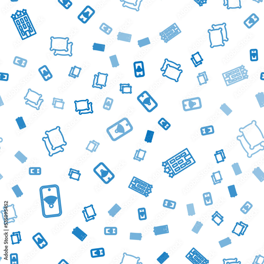 Poster set line mobile with wi-fi wireless, hotel building and pillow on seamless pattern. vector