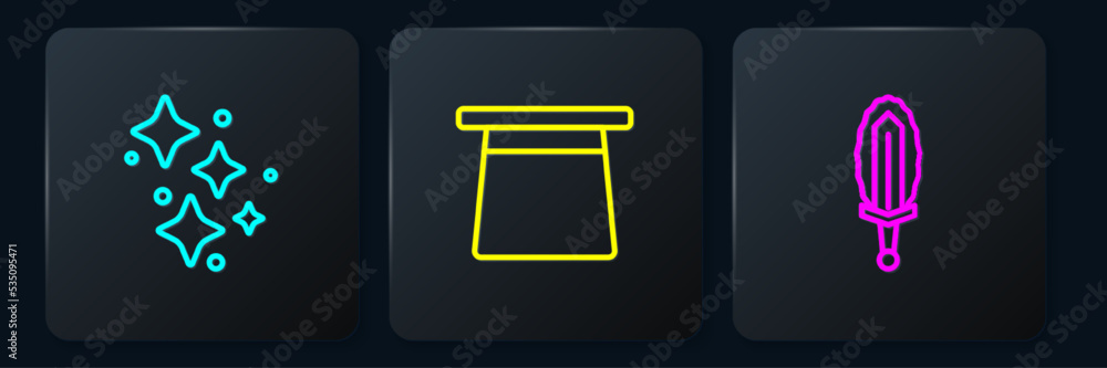Poster set line sparkle stars with magic, magic sword in fire and hat. black square button. vector