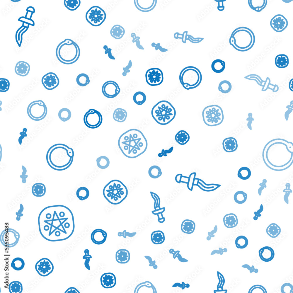 Poster set line pentagram in a circle, dagger and ouroboros on seamless pattern. vector