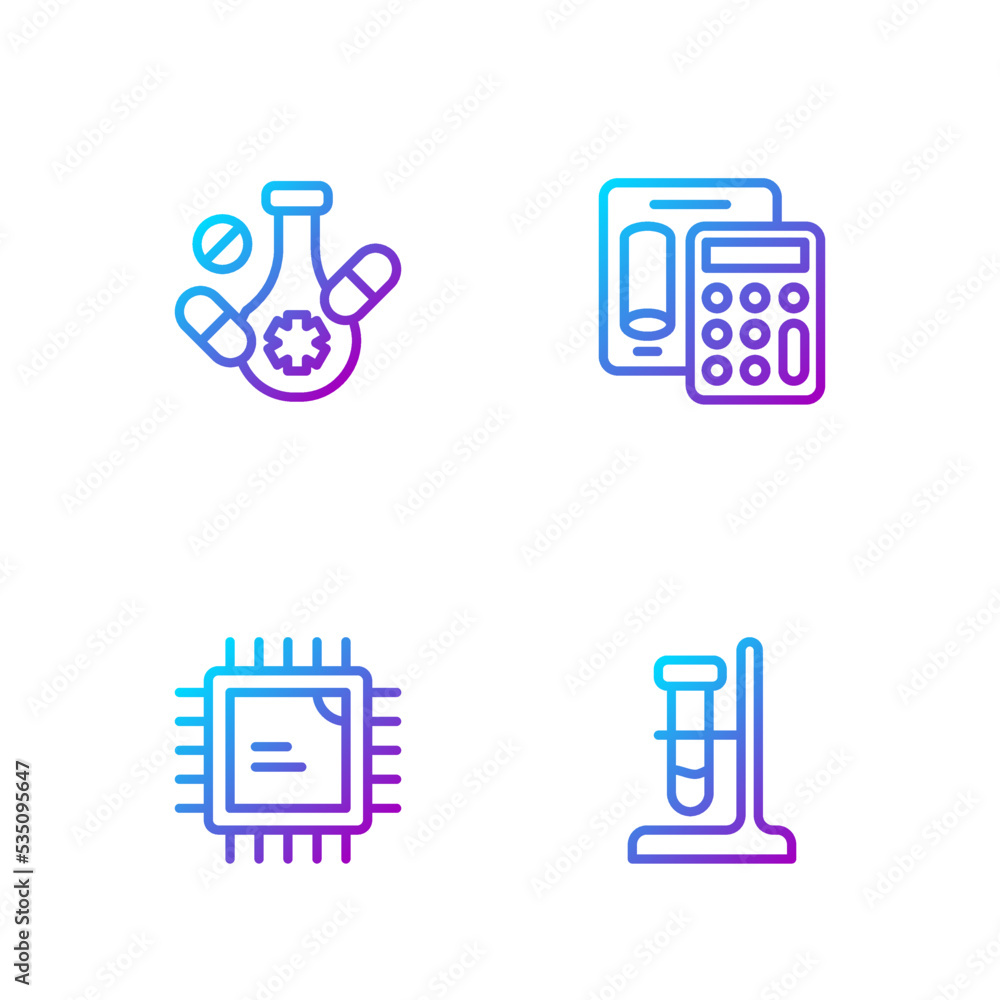 Poster set line test tube flask on stand, processor cpu, medicine pill and calculator. gradient color icons