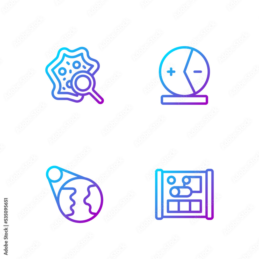 Poster set line graphing paper for engineering, earth globe, microorganisms under magnifier and atom. gradi