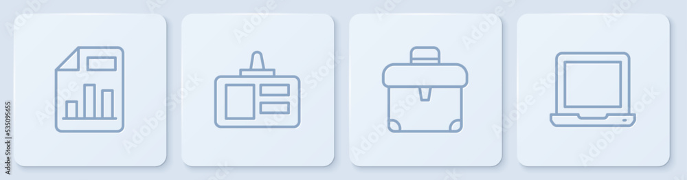 Poster set line document with graph chart, briefcase, identification badge and laptop. white square button.