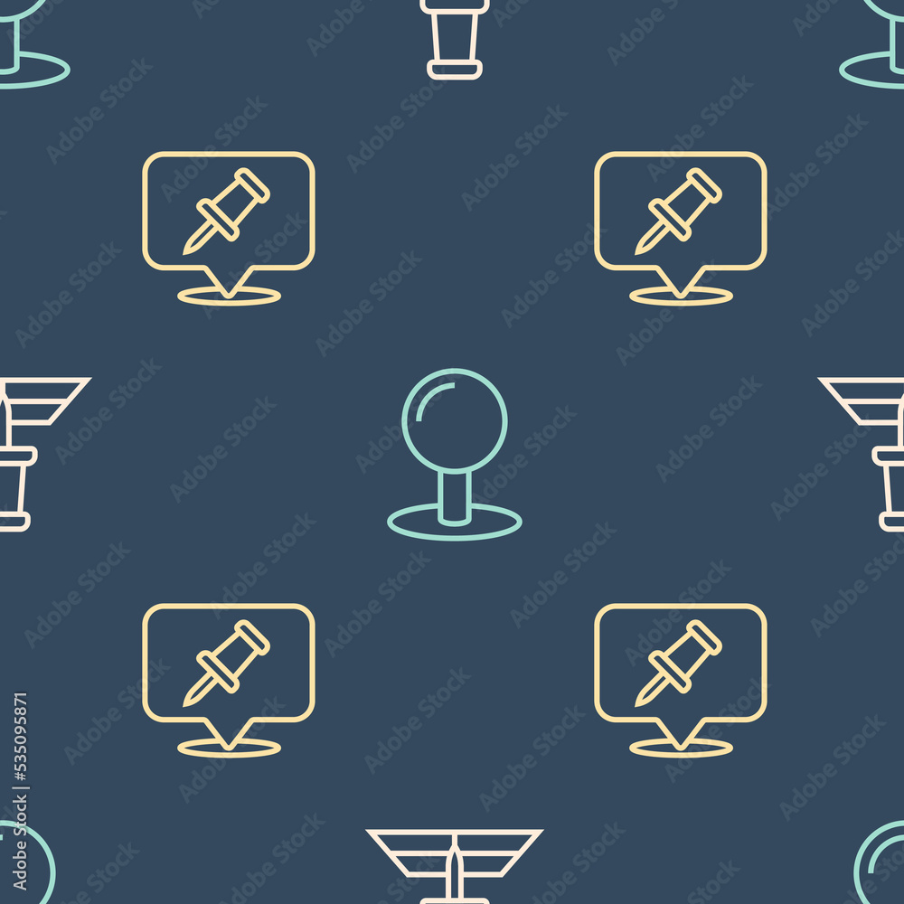 Poster set line folded map with location marker, push pin and on seamless pattern. vector