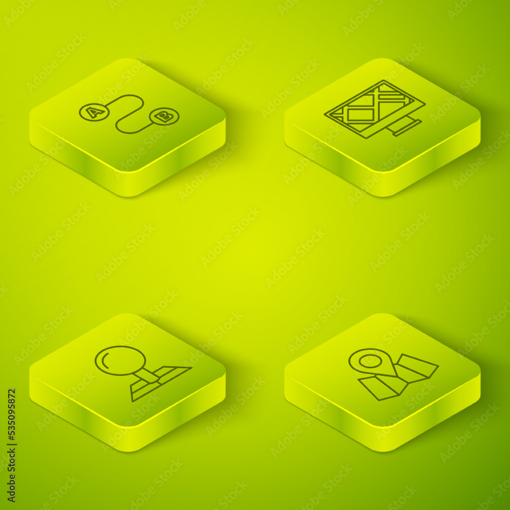 Aufkleber set isometric line monitor with map location, folded marker, and route icon. vector