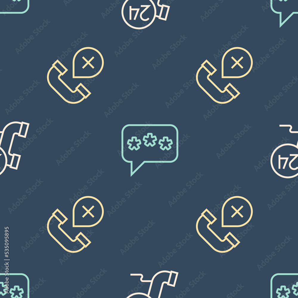 Poster set line telephone 24 hours support, declined missed call and speech bubble chat on seamless pattern