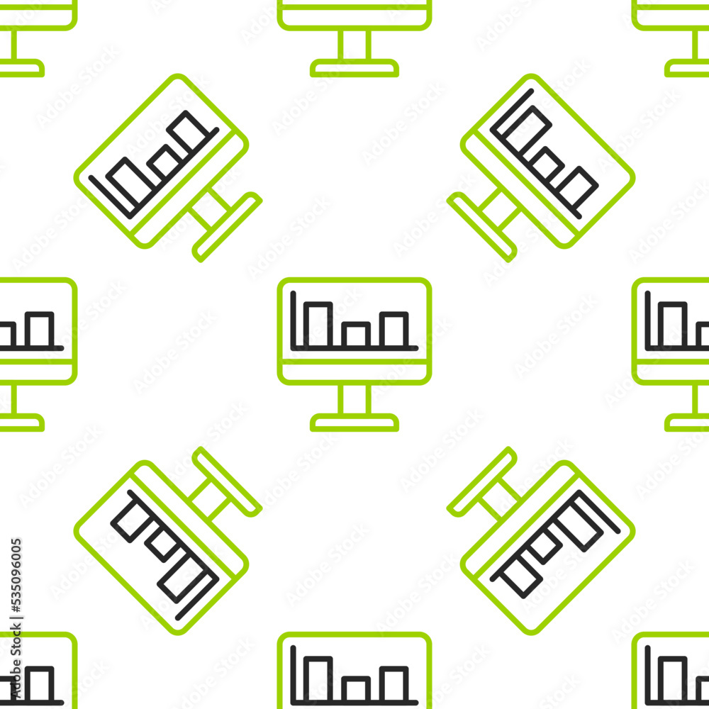 Poster line computer monitor with graph chart icon isolated seamless pattern on white background. report te