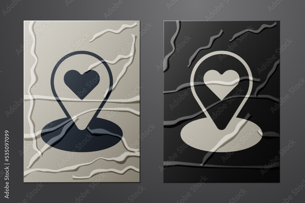 Poster white map pointer with heart icon isolated on crumpled paper background. valentines day. love locati