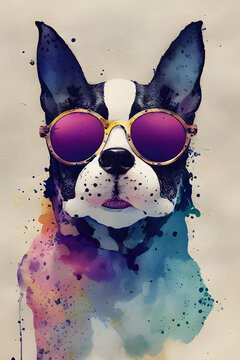 Portrait of a Boston Terrier dog wearing sunglasses - Abstract Digital Art