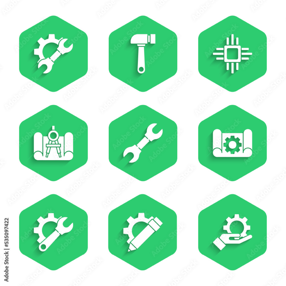 Poster set wrench spanner, pencil and gear, settings in the hand, graphing paper, compass, processor with m