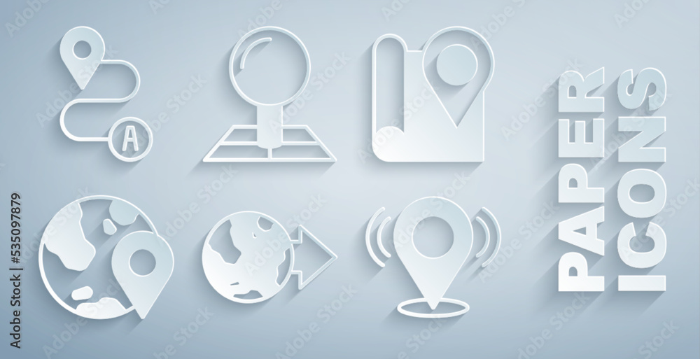 Poster set location on the globe, folded map with location marker, map pin, and route icon. vector