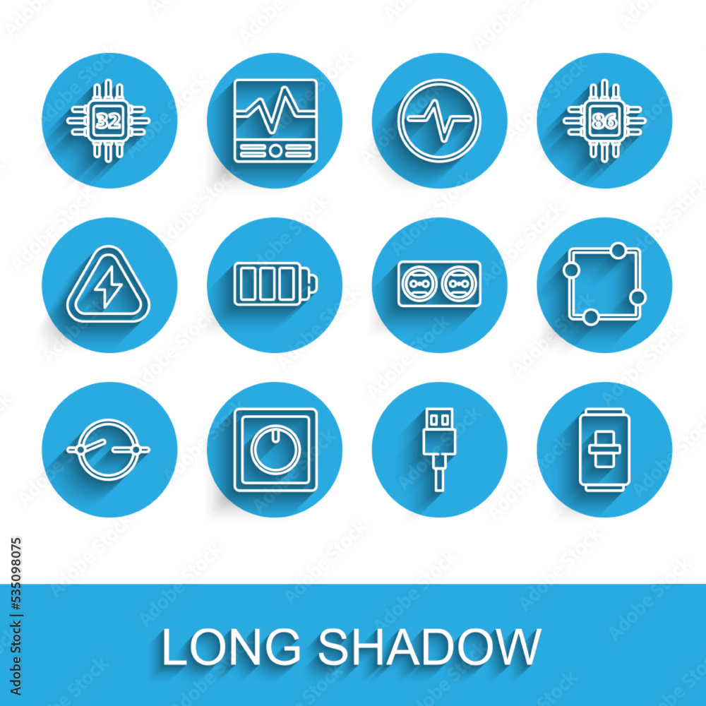 Poster set line electric circuit scheme, light switch, processor with microcircuits cpu, usb cable cord, ba