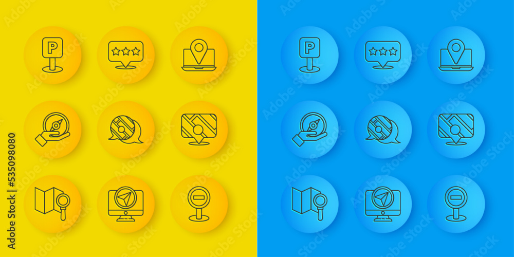 Poster set line search location, compass, infographic of city map navigation, stop sign, parking, laptop wi