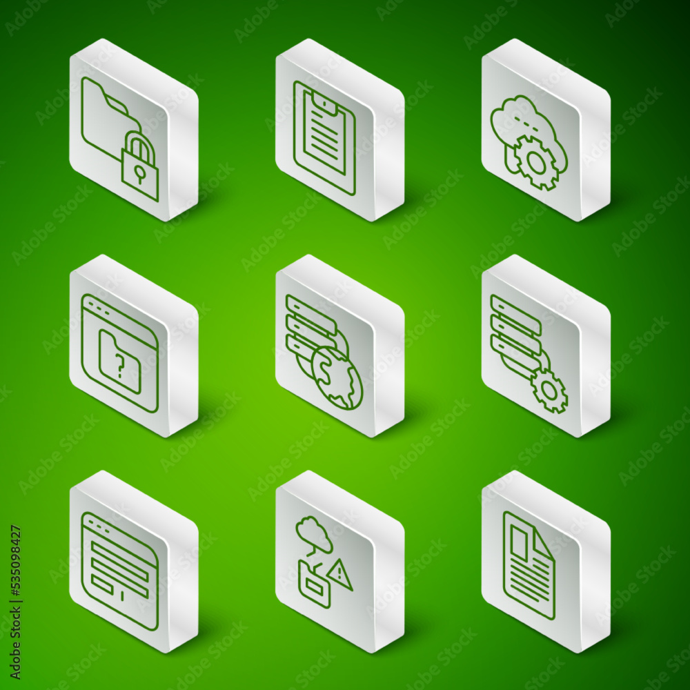 Poster set line file document, cloud technology data transfer, folder and lock, network cloud connection, m