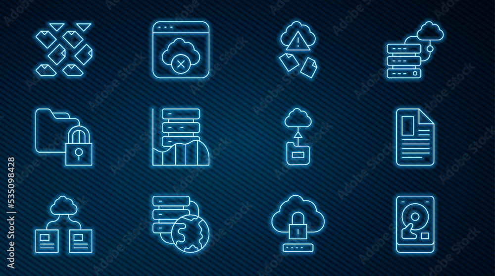 Poster set line hard disk drive hdd, file document, cloud hacking, server, data, web hosting, folder and lo