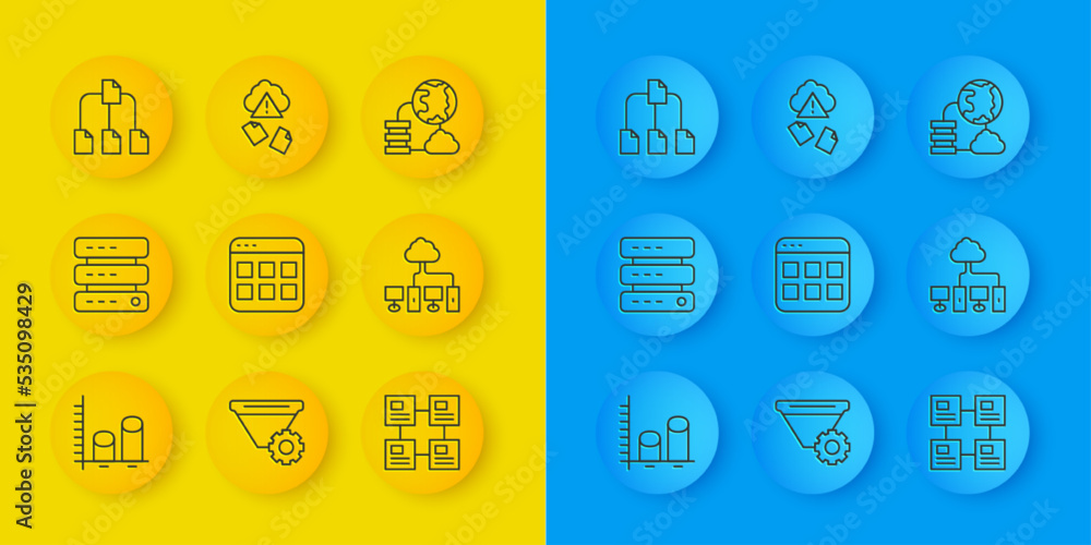 Poster set line data analysis, server, data, web hosting, browser files, hierarchy organogram chart, comput