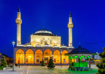 Impressive night view of lighted medieval Selimiye Mosque at Konya, south-central Turkey