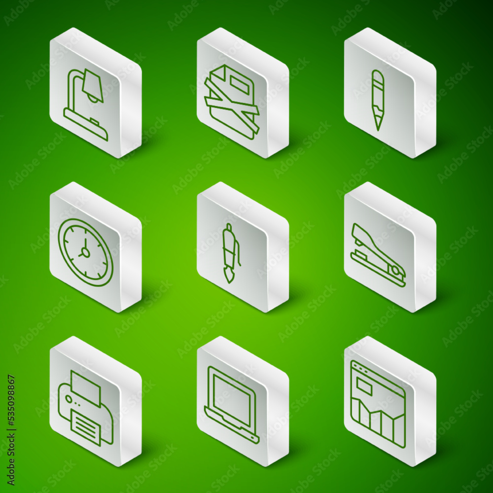 Poster set line graph chart infographic, laptop, table lamp, fountain pen nib, clock, delete file document,