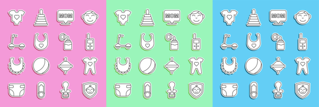 Set Line Baby On Shield, Clothes, Monitor Walkie Talkie, Speech Bubble Mom, Bib, Roller Scooter, And Breast Pump Icon. Vector