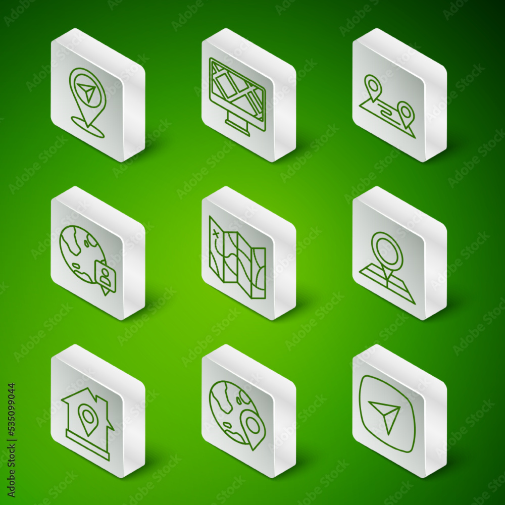 Poster set line city map navigation, location the globe, map pin, folded, monitor with location, house and 