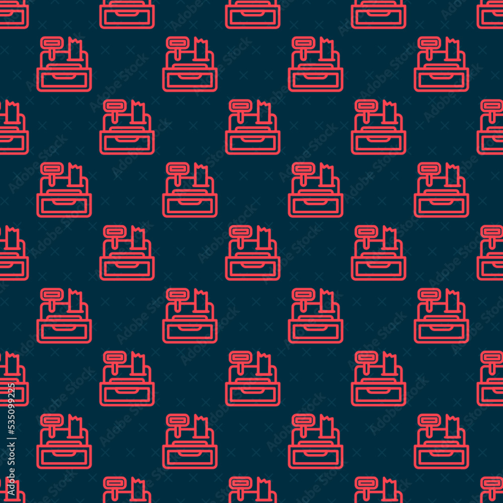 Poster red line cash register machine with a check icon isolated seamless pattern on black background. cash