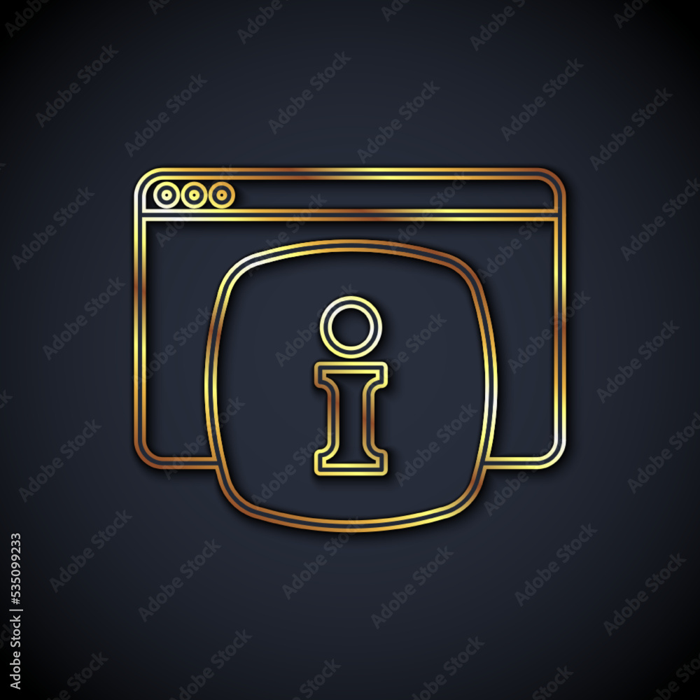 Poster gold line computer monitor with text faq information icon isolated on black background. frequently a